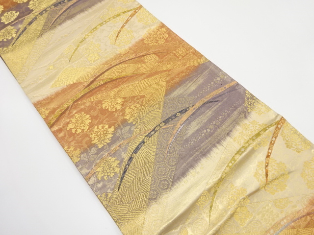 プラチナ二重織　重ね色紙に流水・花唐草・芝草模様織り出し　袋帯